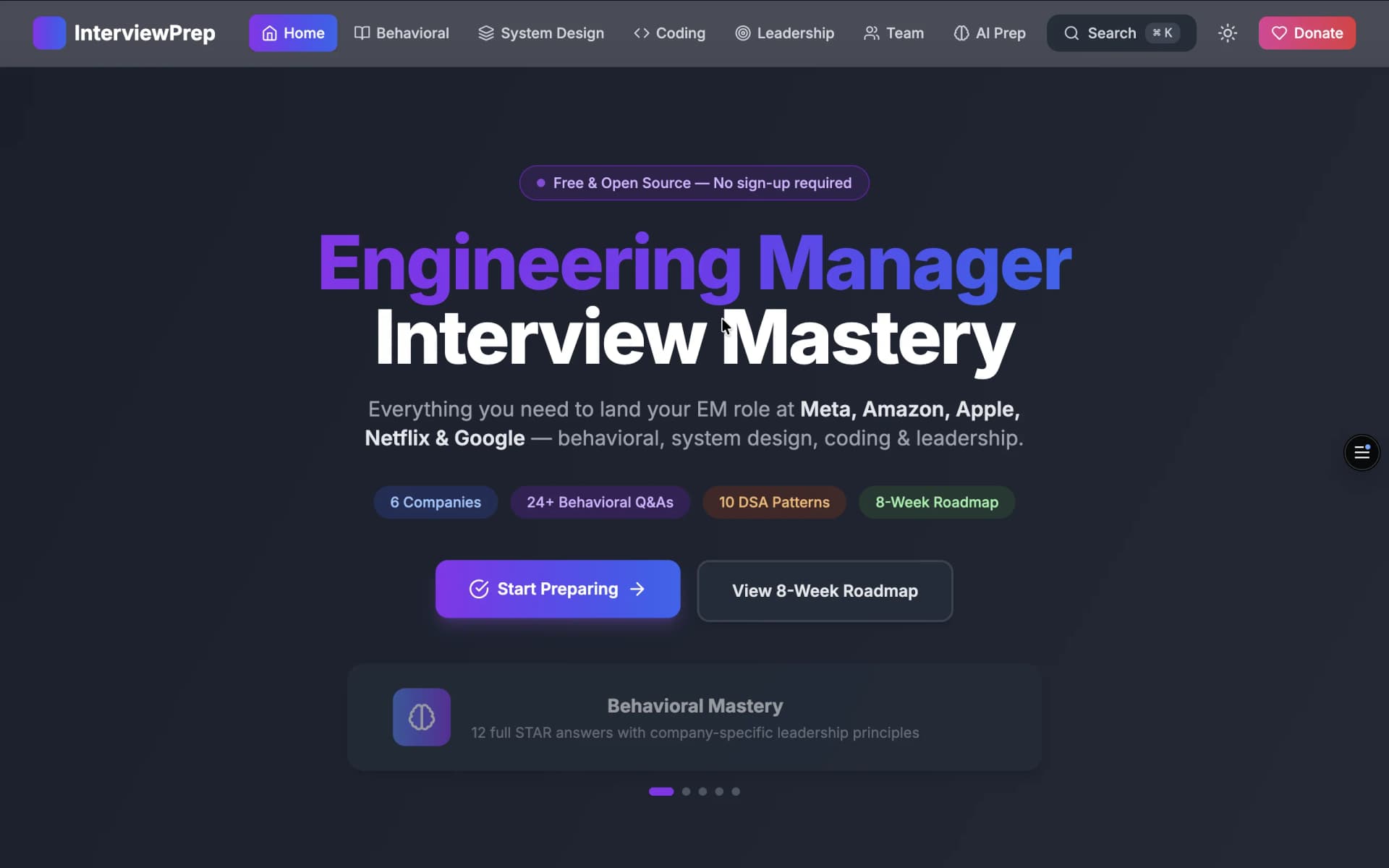 Engineering Manager Interview Prep platform hero screen showing study roadmap and category navigation
