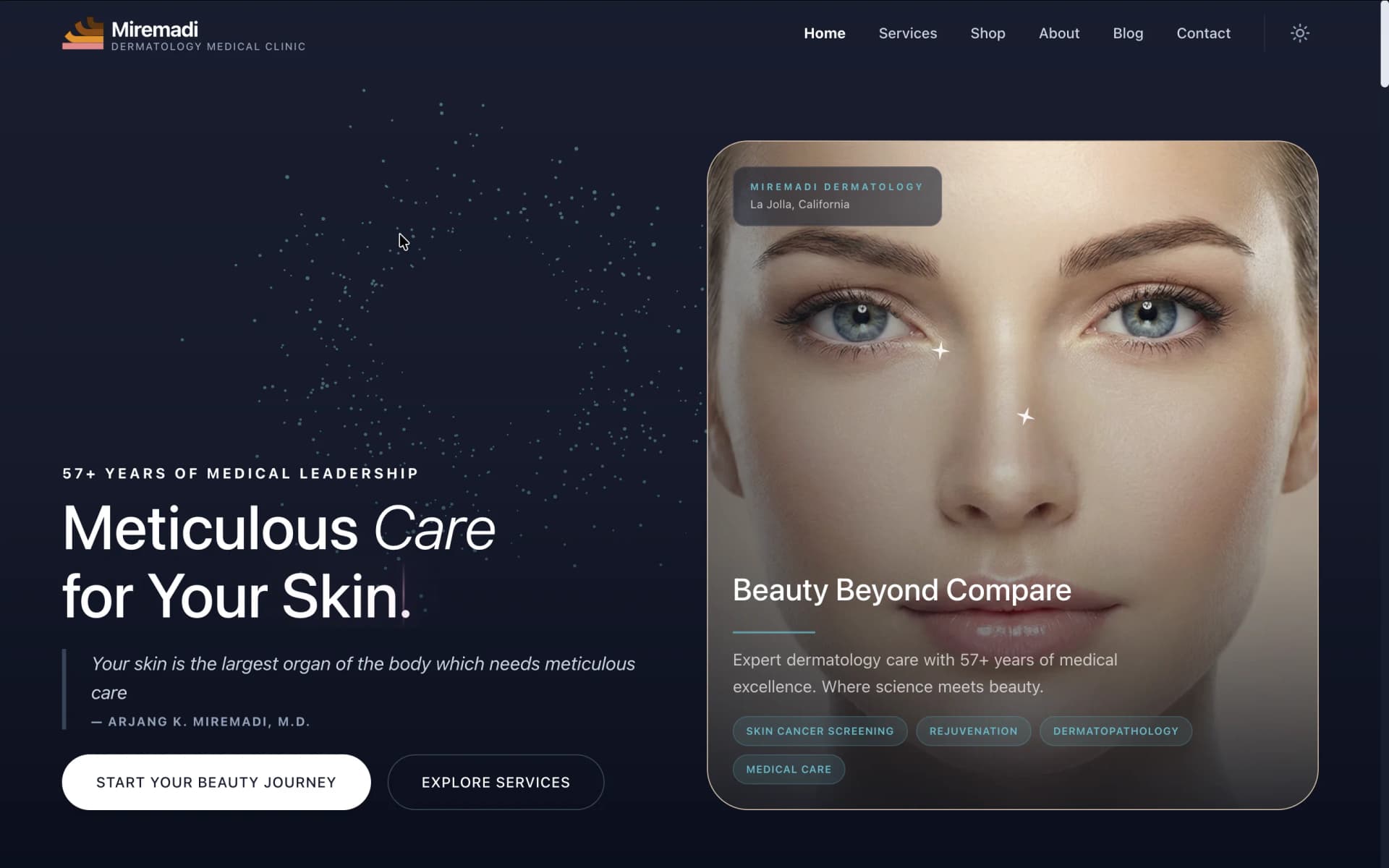 Miremadi Dermatology Medical Clinic website showcasing services and doctor profile