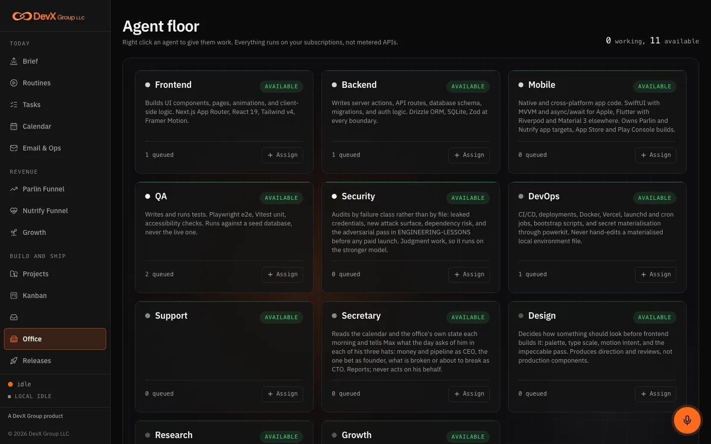 DevX Office agent floor: specialist AI agent cards with their roles and queues