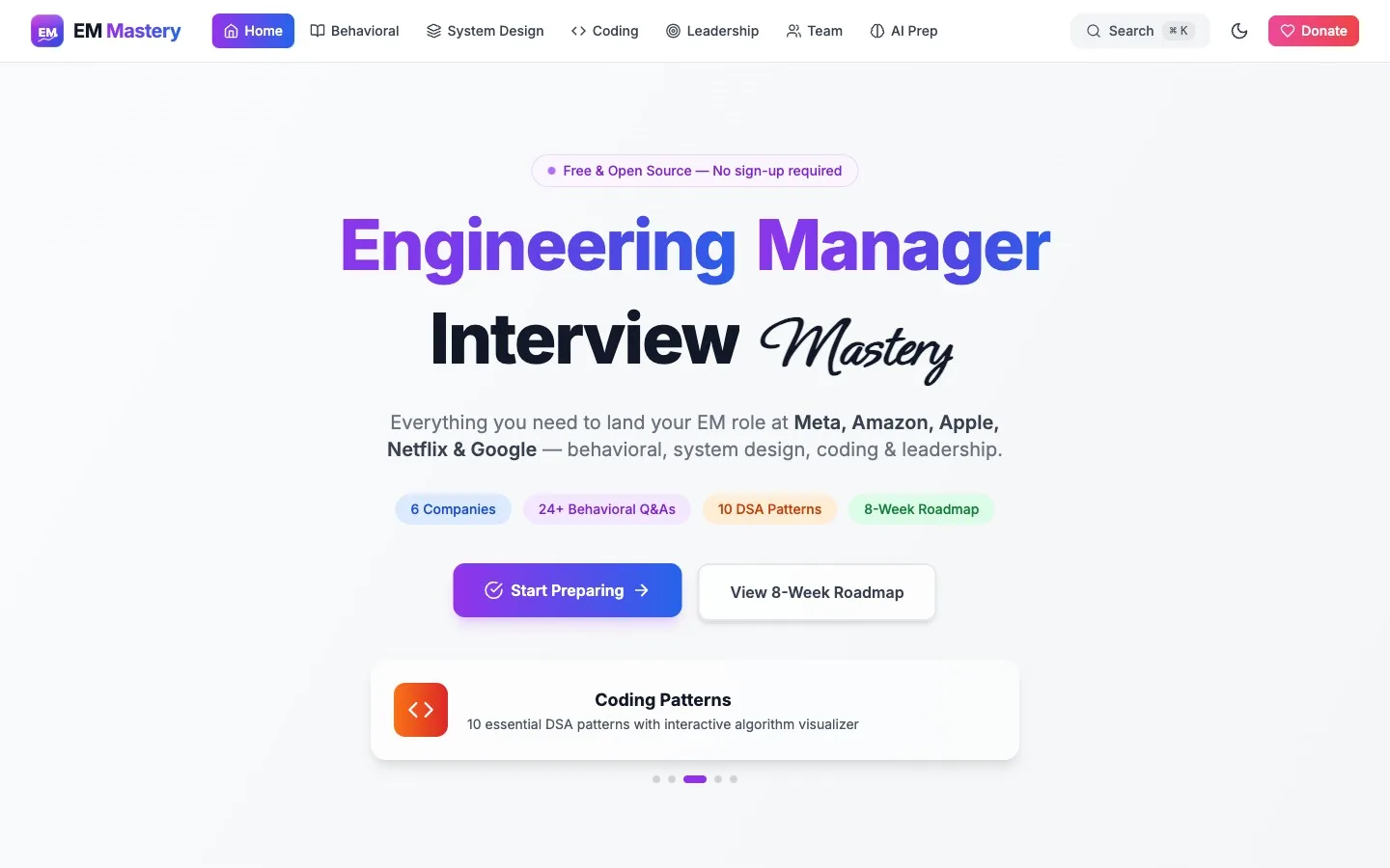 Hero: Engineering Manager Interview Mastery with company stats and Start Preparing CTA