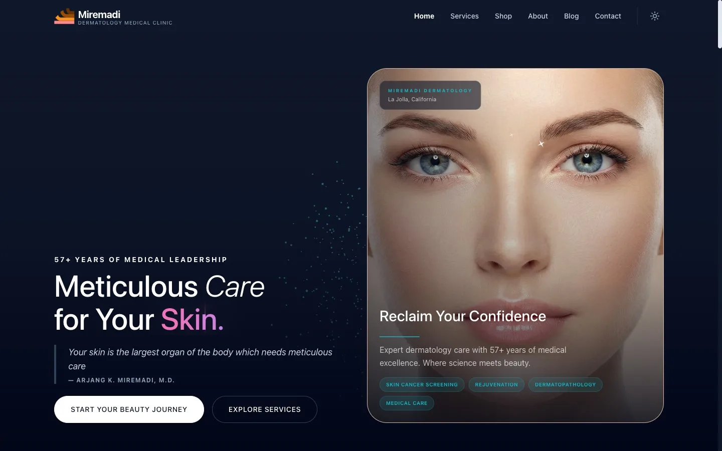 Hero with Meticulous Care for Your Skin headline and Reclaim Your Confidence card