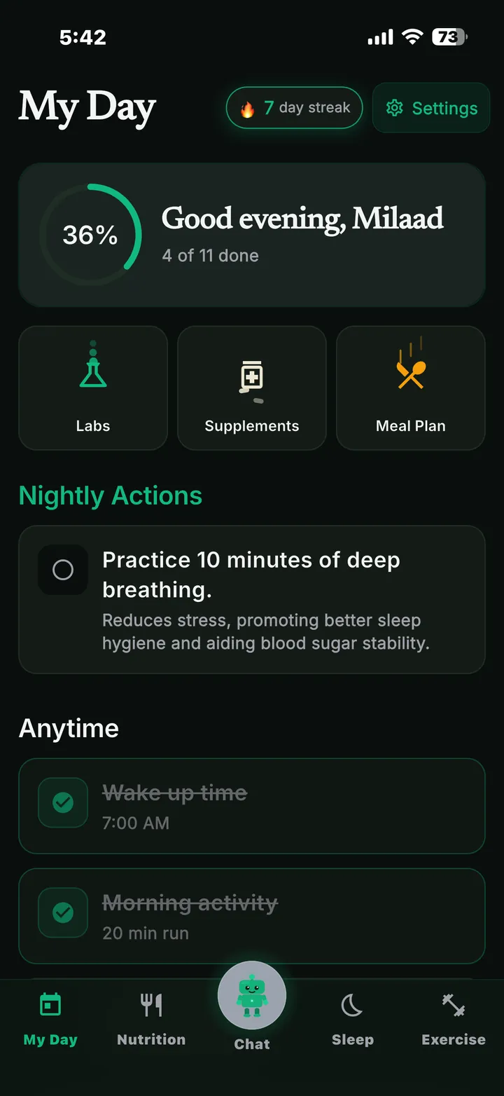 My Day dashboard: progress ring, quick links to Labs, Supplements and Meal Plan, plus Nightly Actions