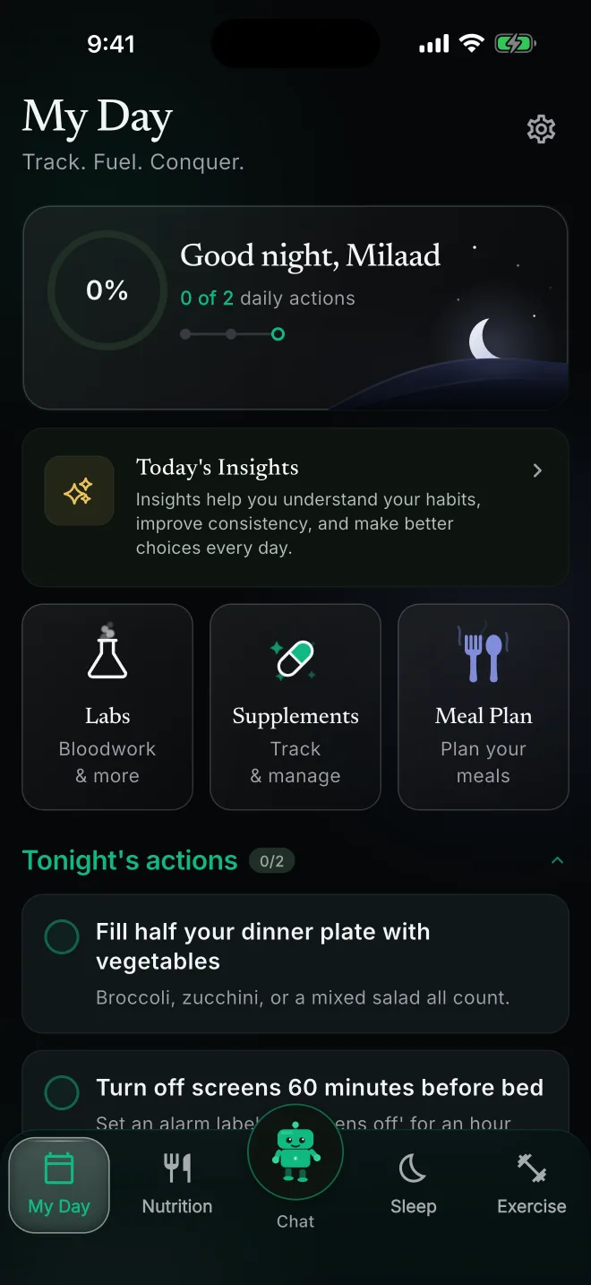 My Day dashboard: progress ring, quick links to Labs, Supplements and Meal Plan, plus Nightly Actions