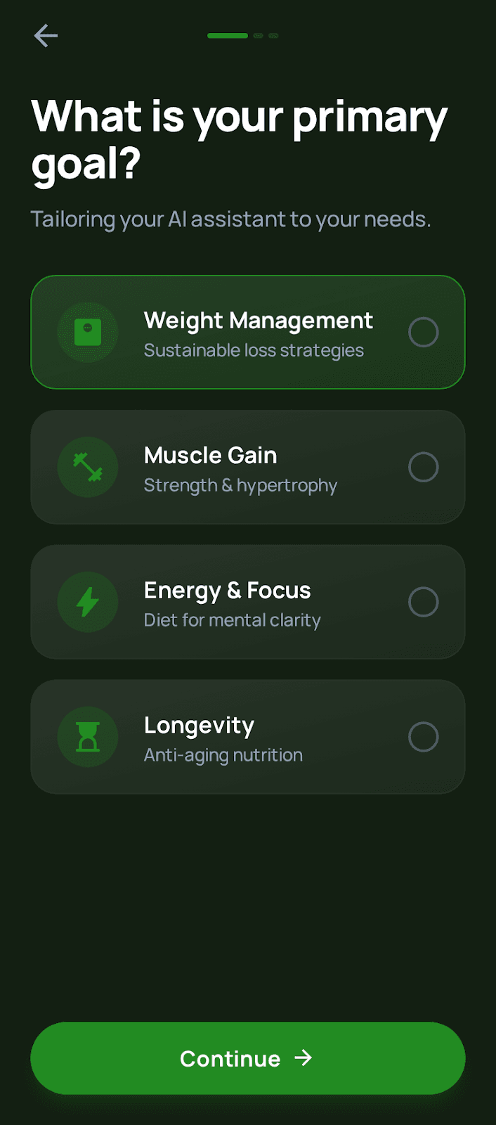 Nutrify.AI onboarding goal selection