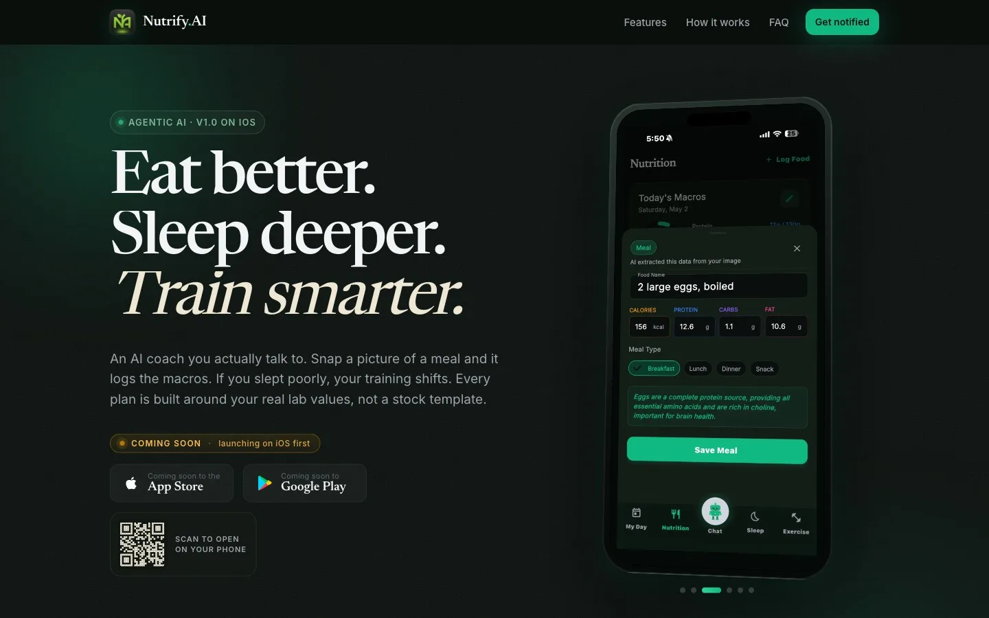 Nutrilogical.co hero with Eat better, Sleep deeper, Train smarter editorial headline next to a live iPhone mock