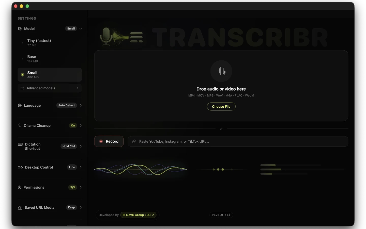 Transcribr macOS app main interface showing drag-and-drop audio transcription with model selection panel