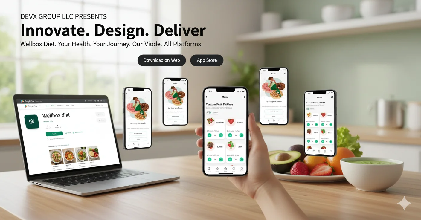 WellBox all-in-one overview showing health and nutrition app screens
