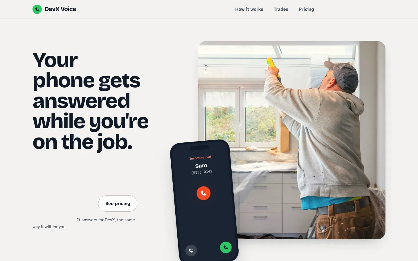 DevX Voice website: your phone gets answered while you're on the job, with an incoming call on screen