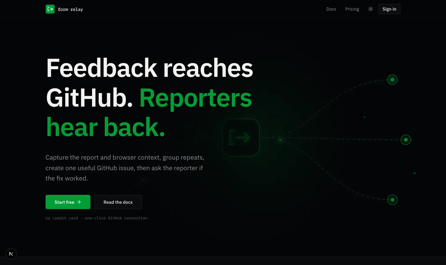 form-relay landing page hero: feedback reaches GitHub, reporters hear back
