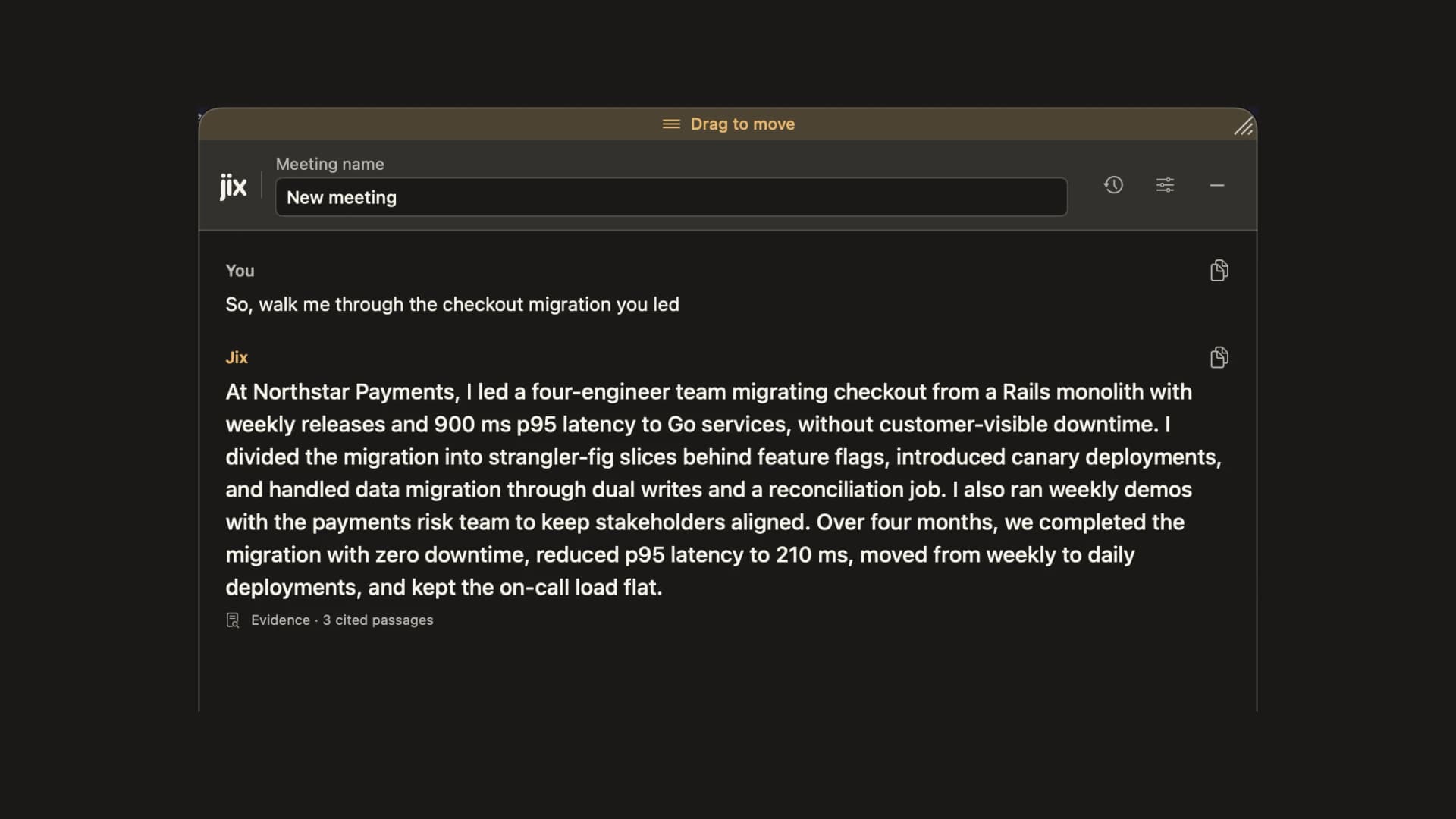 The Jix panel with the question "So, walk me through the checkout migration you led" typed in, the answer below it, and a chip reading Evidence, 3 cited passages