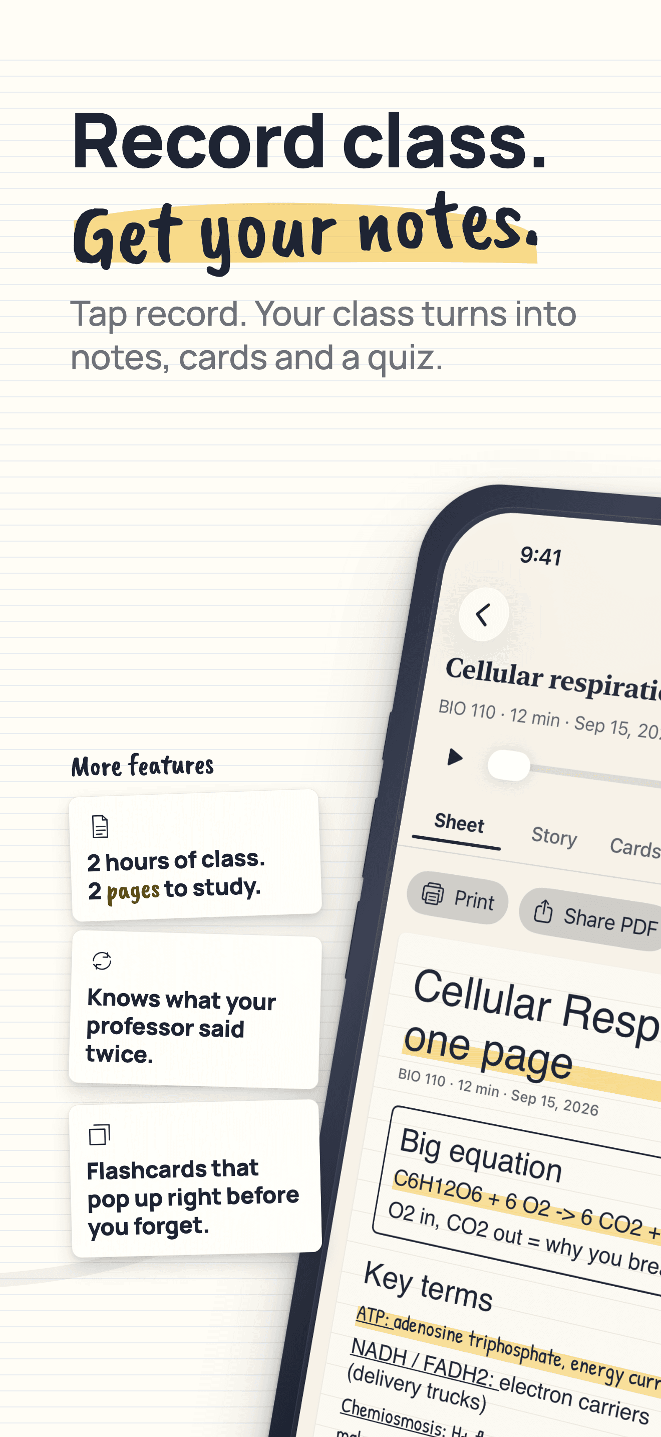 Lecture Lab study pack screen: cheat sheet, key points, and flashcards from a lecture