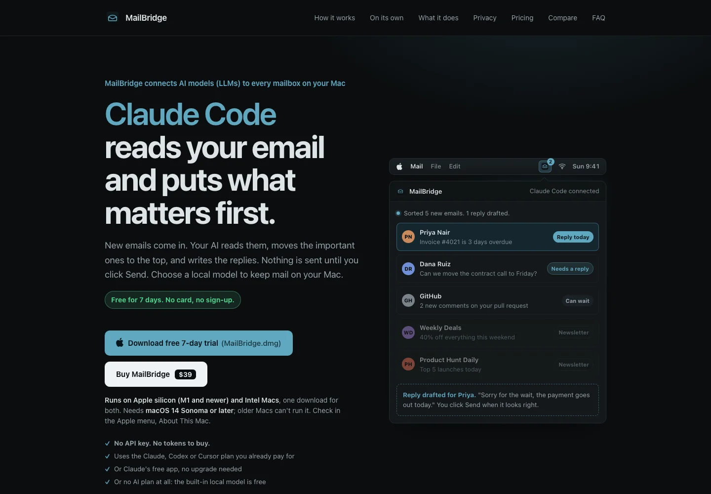MailBridge website showing its Apple Mail assistant features and free-trial download