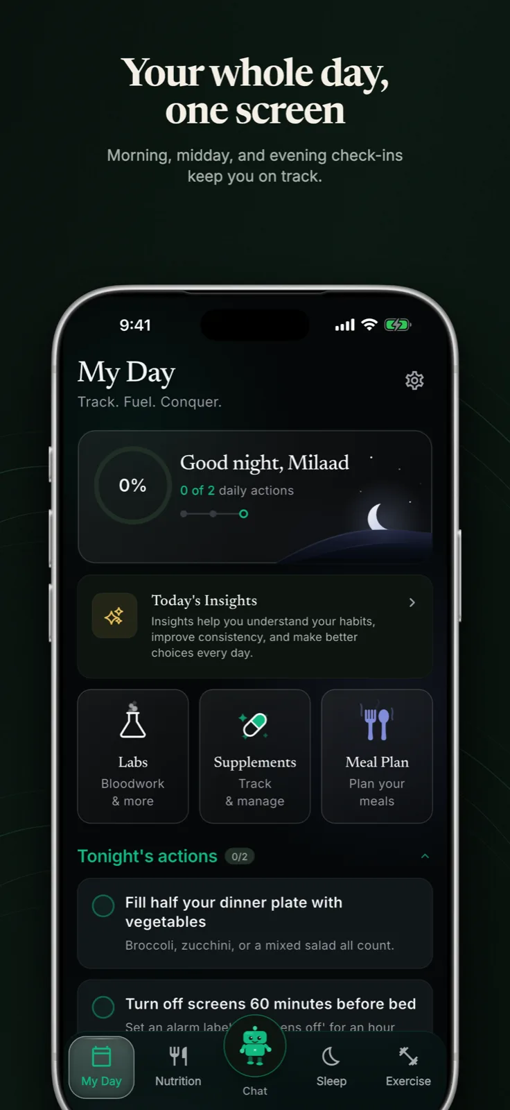 Nutrify.AI today screen with logged meals, macros, and daily actions