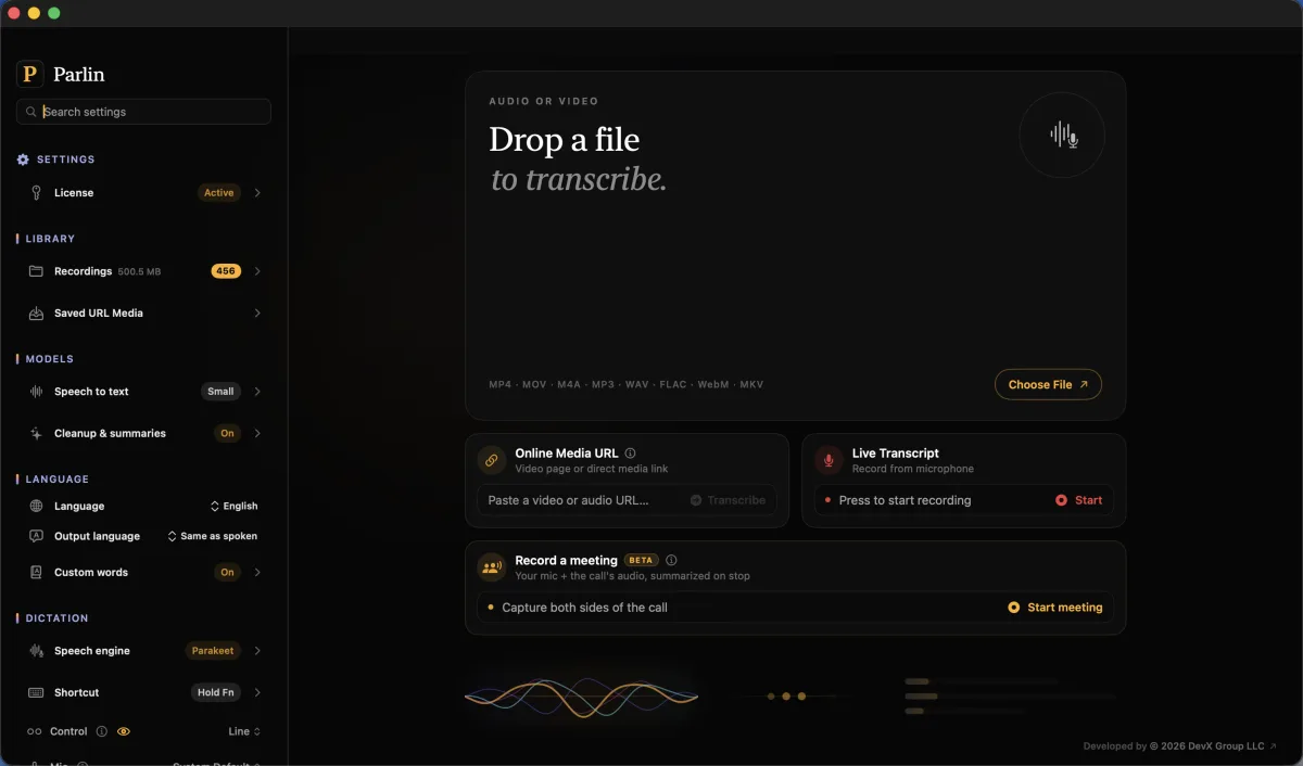 Drop a file to transcribe, paste a media URL, record live, or capture a meeting