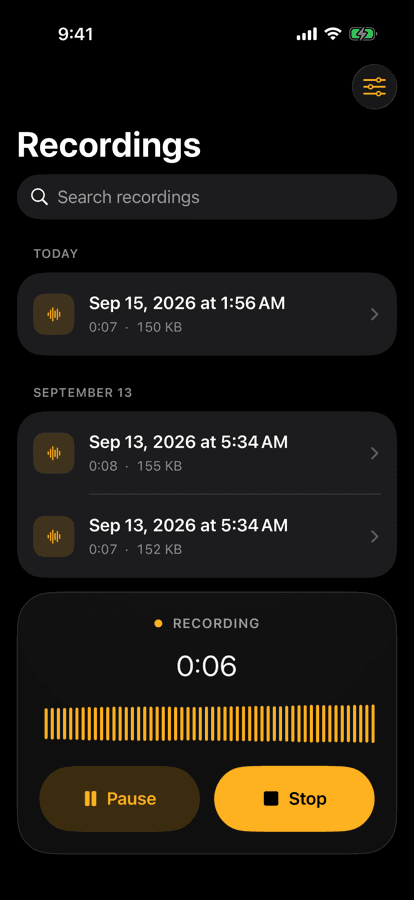 Parlin Recorder on iPhone showing saved recordings and an active recording with pause and stop controls