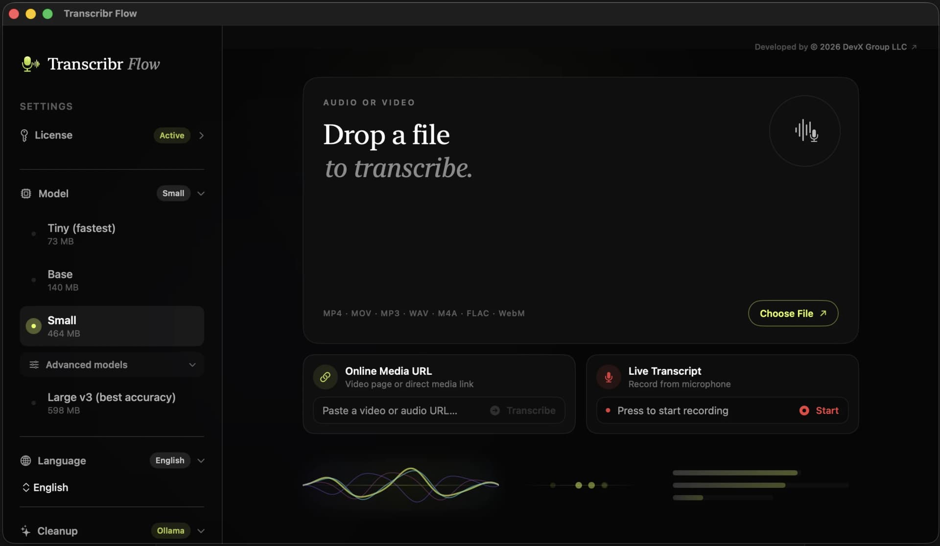 Drop a file to transcribe with Tiny, Base, Small, and Large v3 Whisper models